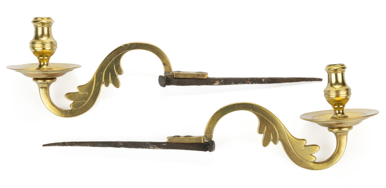 ENGLISH GEORGIAN BRASS AND WROUGHT-IRON WALL CANDLE SCONCES, PAIR (1 of 1)