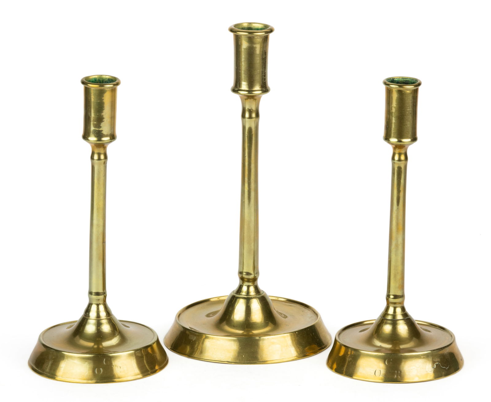 FRENCH ROUND-BASE BRASS CANDLESTICKS, LOT OF THREE (1 of 2)