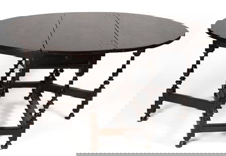 CHESTER CO., PENNSYLVANIA ATTRIBUTED WILLIAM AND MARY MAHOGANY GATELEG DINING TABLE: CHESTER CO., PENNSYLVANIA ATTRIBUTED WILLIAM AND MARY MAHOGANY GATELEG DINING TABLE, the rectangular top with bowed ends set with two hinged elliptical leaves, above a rectangular frame fitted with on