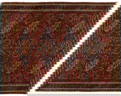 ANTIQUE KILIM ROOM SIZE RUG: ANTIQUE KILIM ROOM SIZE RUG, featuring four large principal medallions in the center flanked by octagons filled with ornaments, on red ground. Late 19th/early 20th century. 7' 5" x 9' 8". Provenance: