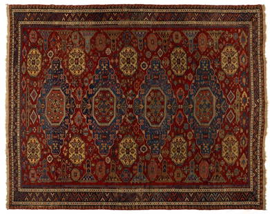 ANTIQUE KILIM ROOM SIZE RUG: ANTIQUE KILIM ROOM SIZE RUG, featuring four large principal medallions in the center flanked by octagons filled with ornaments, on red ground. Late 19th/early 20th century. 7' 5" x 9' 8". Provenance: