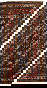 ANTIQUE CAUCASIAN SCATTER RUG: ANTIQUE CAUCASIAN SCATTER RUG, featuring single row of polygons in varying colors on dark blue background, with ruled white main border containing multicolored leaf designs. Late 19th/early 20th centu