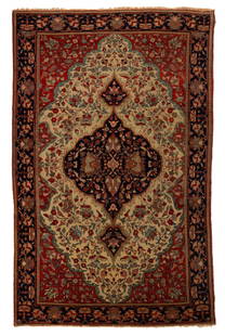 ANTIQUE TABRIZ SCATTER RUG: ANTIQUE TABRIZ SCATTER RUG, featuring central medallion with dark blue ground surrounded by decorative arabesque patterns. Late 19th/early 20th century. 49 1/2" x 77". Provenance: