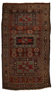 ANTIQUE CAUCASIAN ROOM SIZE RUG: ANTIQUE CAUCASIAN ROOM SIZE RUG, featuring boldly arranged geometric designs within complex borders retaining vivid colors. Late 19th/early 20th century. 69 1/2" x 125". Provenance:  The important col