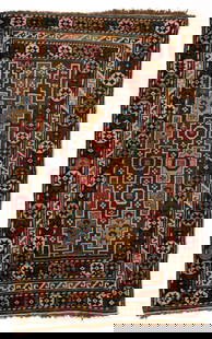 ANTIQUE CAUCASIAN SCATTER RUG: ANTIQUE CAUCASIAN SCATTER RUG, three parallel borders with central motif of crescent moon and geometric design. Late 19th/early 20th century. 37 1/4" x 59 3/4". Provenance: The important co