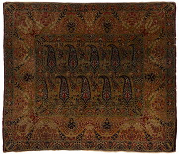 ANTIQUE PERSIAN SCATTER RUG: ANTIQUE PERSIAN SCATTER RUG, probably silk, central field covered by an all-over boteh design with floral decoration on main border. Late 19th/early 20th century. 34" x 41". Provenance:
