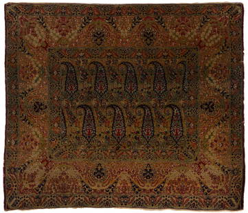 ANTIQUE PERSIAN SCATTER RUG: ANTIQUE PERSIAN SCATTER RUG, probably silk, central field covered by an all-over boteh design with floral decoration on main border. Late 19th/early 20th century.&nbsp;34&quot; x 41&quot;. Provenance: