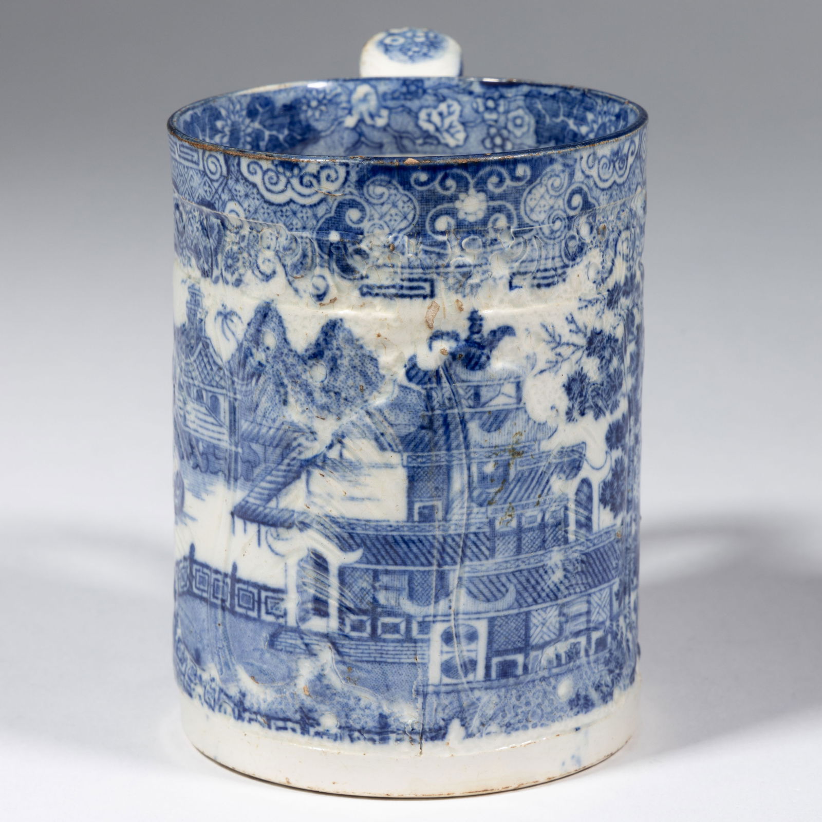 BRITISH PEARLWARE TRANSFER-PRINTED MOLDED CABBAGE LEAF CERAMIC MUG (1 of 5)