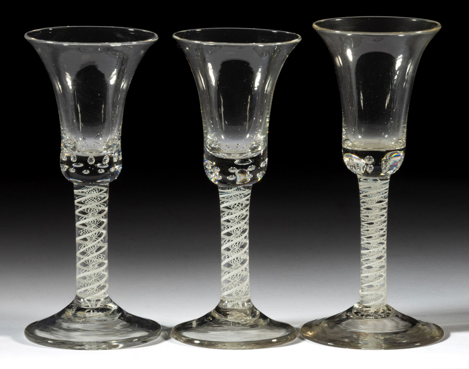 FREE-BLOWN AND OPAQUE TWIST GLASS WINES, LOT OF THREE (1 of 1)