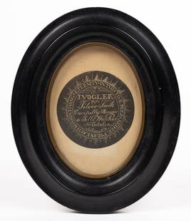 JOHN VOGLER (SALEM, NORTH CAROLINA, 1783-1881) WATCH PAPER PRINT: JOHN VOGLER (SALEM, NORTH CAROLINA, 1783-1881) WATCH PAPER PRINT (UPDATED 9/19/23), lithograph on thin paper, untrimmed oval sheet, featuring an eagle above "J.VOGLER Silver Smith Carefully Repairs &
