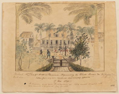 RARE DUTCH COLONIAL GUYANESE GENRE SCENE: RARE DUTCH COLONIAL GUYANESE GENRE SCENE, watercolor and pencil on paper, featuring soldiers marching in the street, with native inhabitants (probably enslaved) nearby, in front of a classic, reg