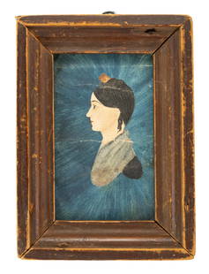 AMERICAN SCHOOL (19TH CENTURY) FOLK ART MINIATURE PORTRAIT OF A WOMAN: AMERICAN SCHOOL (19TH CENTURY) FOLK ART MINIATURE PORTRAIT OF A WOMAN, watercolor on paper, a striking bust-length profile depiction of a youthful, dark-haired sitter sporting shell-like comb, against