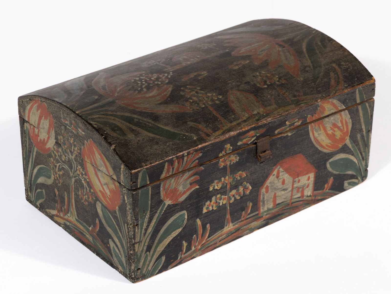 HEINRICH BUCHER (BERKS CO., PENNSYLVANIA), ATTRIBUTED, PAINT-DECORATED PINE DOME-TOP BOX (1 of 8)