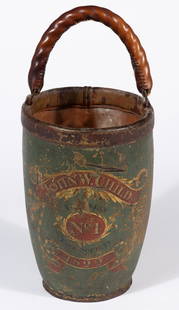 NEW ENGLAND FOLK ART PAINTED LEATHER FIRE BUCKET: NEW ENGLAND FOLK ART PAINTED LEATHER FIRE BUCKET, marked for&nbsp;owner &quot;JOHN W. CHILD&quot; and the &quot;FRANKLIN FIRE SOCIETY / NO. 1 / 1822&quot;, retaining original polychrome surface. Proba