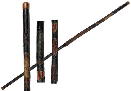 IMPORTANT VIRGINIA AFRICAN-AMERICAN FRATERNAL CARVED AND PAINTED FOLK ART CANE / WALKING STICK: IMPORTANT VIRGINIA AFRICAN-AMERICAN FRATERNAL CARVED AND PAINTED FOLK ART CANE / WALKING STICK, maple, a fine and rare example of historical importance featuring crossed military rifles, clasped hands