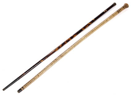 ASSORTED ANTIQUE CANES / WALKING STICKS, LOT OF TWO: ASSORTED ANTIQUE CANES / WALKING STICKS, LOT OF TWO, comprising a pieced vertebra example with horn spacers, grip, and ferrule; and a Masonic tortoiseshell-veneer example with metal cap engr