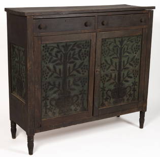 OUTSTANDING WYTHE CO., VIRGINIA WALNUT PUNCHED-TIN-PANELED FOOD / PIE SAFE: OUTSTANDING WYTHE CO., VIRGINIA WALNUT PUNCHED-TIN-PANELED FOOD / PIE SAFE, a benchmark example with exceptional tins, rectangular top over two short drawers above two hinged cabinet doors concealing