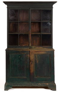 TIDEWATER VIRGINIA PAINTED YELLOW PINE STEPBACK FLATWALL CUPBOARD: TIDEWATER VIRGINIA PAINTED YELLOW PINE STEPBACK FLATWALL CUPBOARD, one-piece construction, the bold applied cove-molded cornice over two hinged six-light doors, interior with two fixed shelves, above