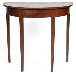 FINE AND RARE TIDEWATER VIRGINIA FEDERAL FIGURED WALNUT HUNT TABLE: FINE AND RARE TIDEWATER VIRGINIA FEDERAL FIGURED WALNUT HUNT TABLE, an impressive form, the two-board demilune top over a conforming frame raised on tall square-tapered legs, the underside exhibiting