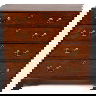EASTERN VIRGINIA CHIPPENDALE WALNUT CHEST OF DRAWERS: EASTERN VIRGINIA CHIPPENDALE WALNUT CHEST OF DRAWERS, featuring rectangular top over four graduated and scratched-beaded drawers with period brass pulls, flanked by solid ends, raised on applied cut-o