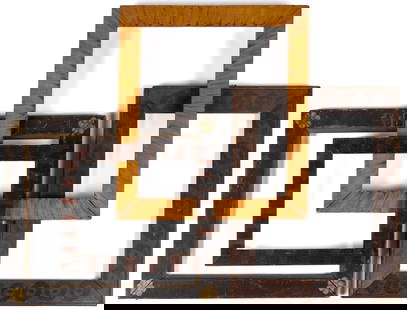 AMERICAN PAINT-DECORATED PICTURE FRAMES, LOT OF FOUR: AMERICAN PAINT-DECORATED PICTURE FRAMES, LOT OF FOUR, poplar, white pine, and walnut, two having grained decoration, one with gilt-stenciled flowers, and one with repeated bulls-eyes. Each with its or