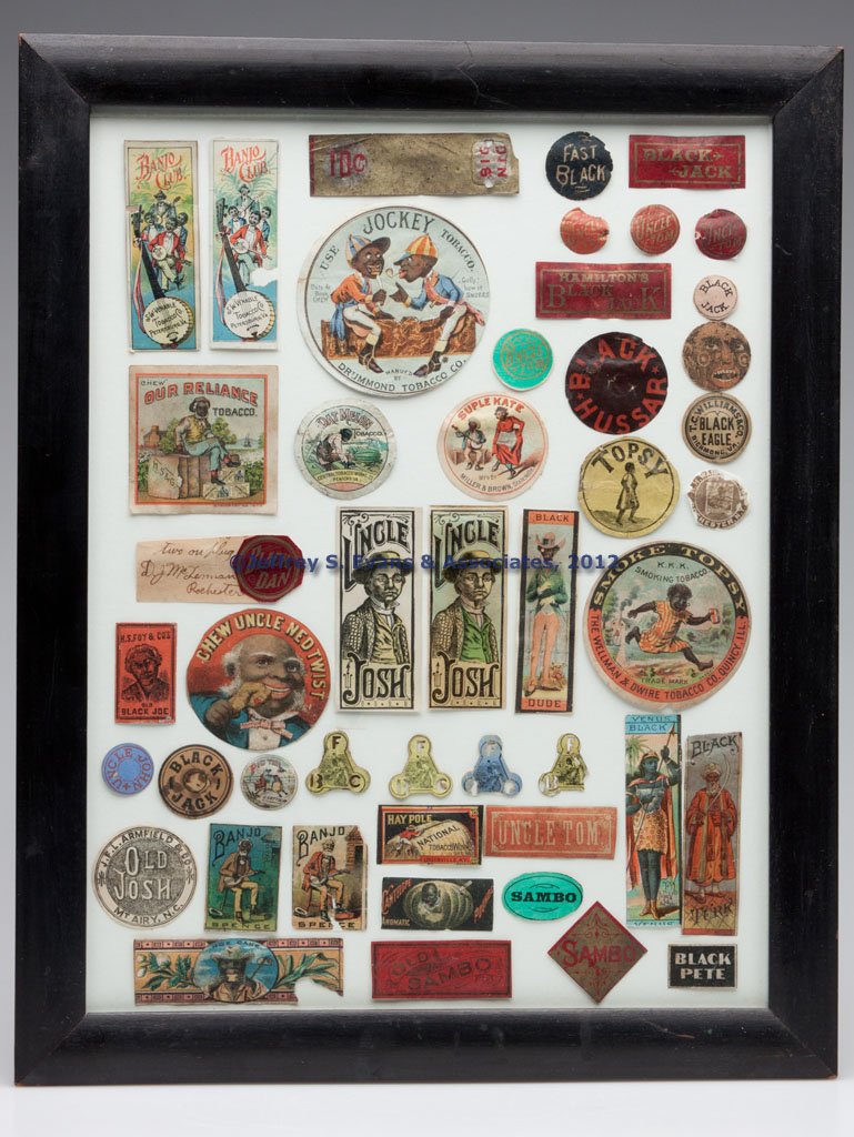 BLACK AMERICANA TOBACCO ADVERTISING FRAMED LOT: BLACK AMERICANA TOBACCO ADVERTISING FRAMED LOT, 47 pieces, comprising lithographed paper tags and labels including "Chew Uncle Ned Twist", "Smoke Topsy" and "Dat Melon". Most appear to be period. Prim