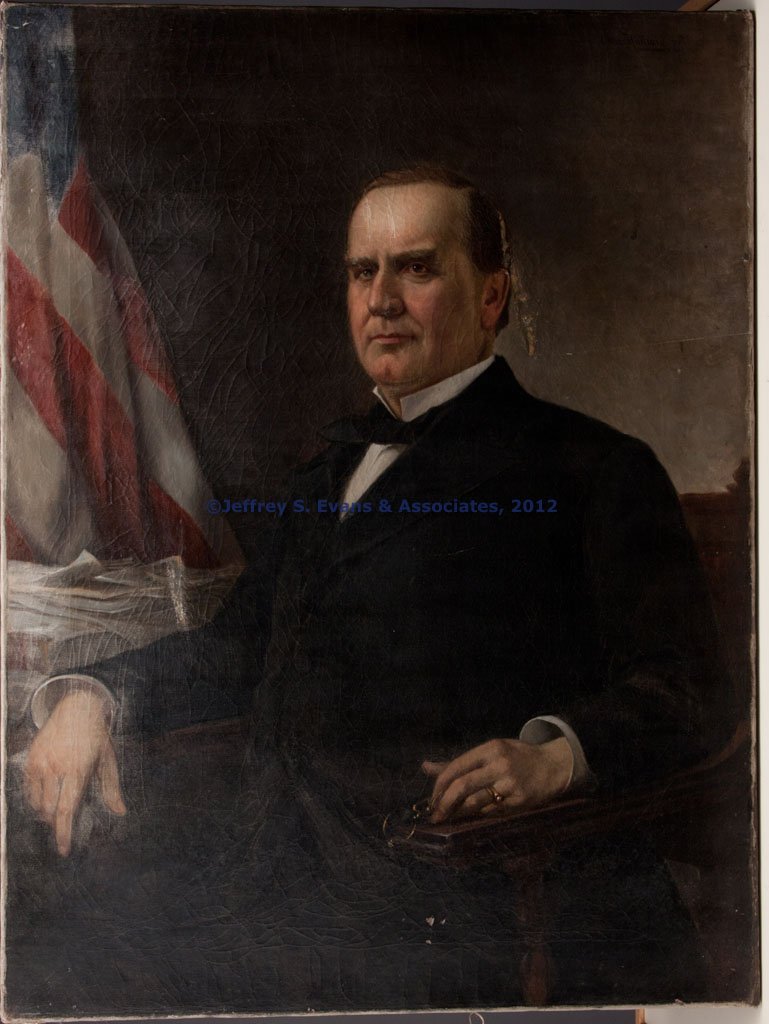 OSCAR HALLWIG (GERMAN/AMERICAN, 1836-1924) PORTRAI: OSCAR HALLWIG (GERMAN/AMERICAN, 1836-1924) PORTRAIT OF PRESIDENT WILLIAM MCKINLEY, oil on canvas, seated with his spectacles in his hand, beside an American flag, signed "Oscar Hallwig pxt" upper righ