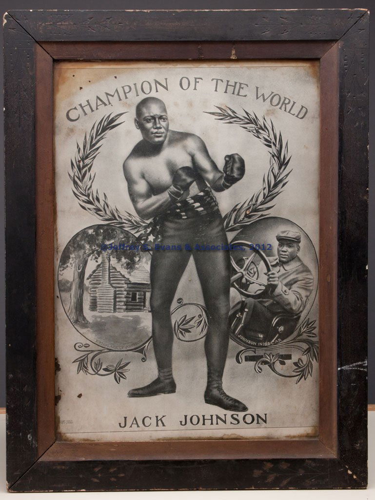 JACK JOHNSON BOXING PRINT / POSTER: JACK JOHNSON BOXING PRINT / POSTER, "Champion Of The World", dated 1909. Period wooden frame. First quarter 20th century. 19 1/2" x 13 1/2" sight.