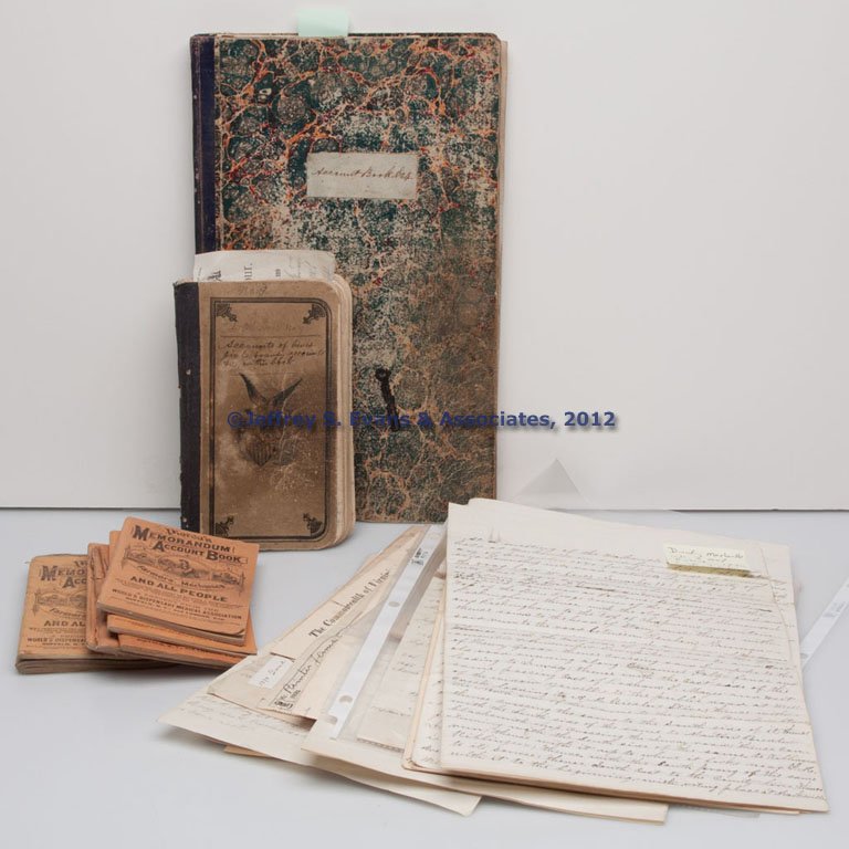 PAGE CO., VIRGINIA MANUSCRIPT LOT: PAGE CO., VIRGINIA MANUSCRIPT LOT, uncounted, 1850s-1910, including account books for Thomas J. Graves, Attorney-at-Law in Marksville, accounts of Joshua Buracker (1792-1866), one being an account wit