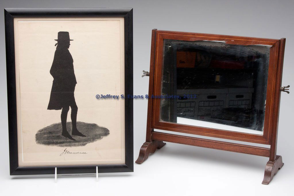 ASSORTED DECORATIVE ACCESSORIES, LOT OF TWO: ASSORTED DECORATIVE ACCESSORIES, LOT OF TWO, comprising a string-inlaid walnut dressing mirror and a lithograph print of a John Marshall silhouette. Mid 19th and first quarter 20th century. Mirror 12
