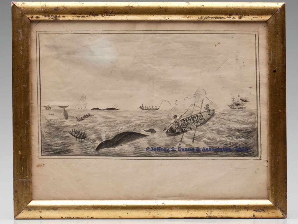 AMERICAN SCHOOL WHALING DRAWING: AMERICAN SCHOOL WHALING DRAWING, pencil on paper, openwater scene depicting four skiffs, two harpooned whales, mother ship and two icebergs. Signed in pencil on back Louisa Scorsby and Mary Scorsby. P