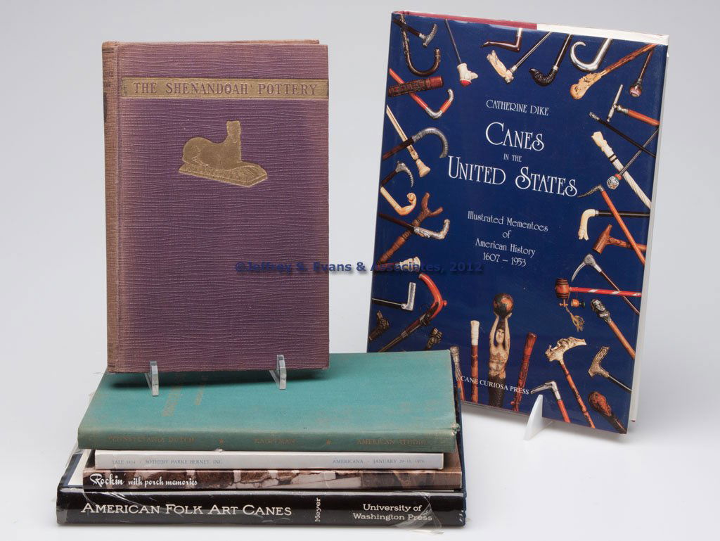 FOLK ART AND OTHER REFERENCE VOLUMES, LOT OF SIX: FOLK ART AND OTHER REFERENCE VOLUMES, LOT OF SIX, including Rice & Stoudt, "The Shenandoah Pottery", 1929; Meyer, "American Folk Art Canes", 1992; and Dike, "Canes in the United States", 1994. Hard an