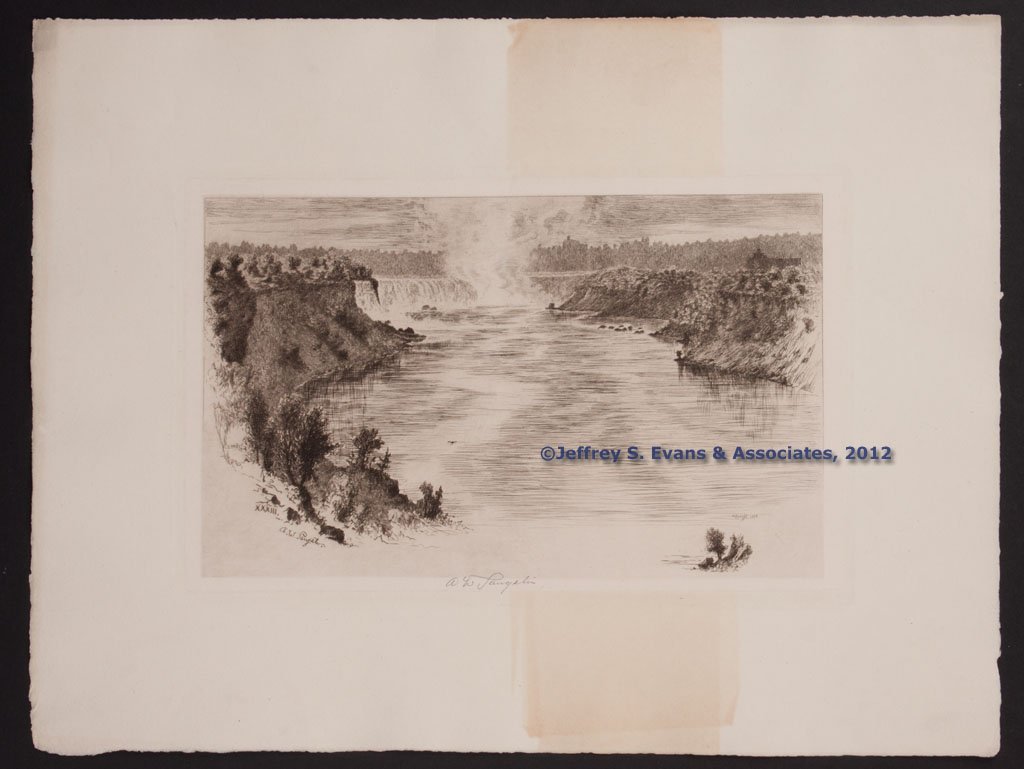AMOS SANGSTER (CANADIAN / AMERICAN, 1833-1904) NIA: AMOS SANGSTER (CANADIAN / AMERICAN, 1833-1904) NIAGARA FALLS ETCHING, on paper with plate impressions, "View a Mile Below the Falls", plate XXXIII, dated 1888, pencil signature in lower center margin.