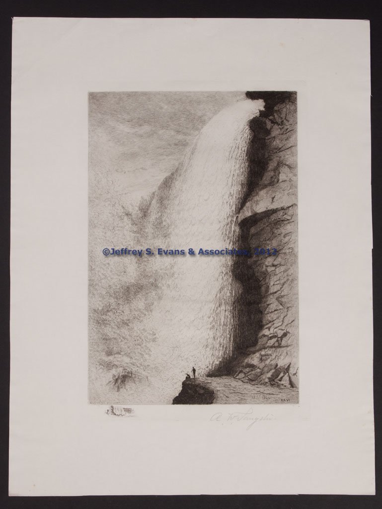 AMOS SANGSTER (CANADIAN / AMERICAN, 1833-1904) NIA: AMOS SANGSTER (CANADIAN / AMERICAN, 1833-1904) NIAGARA FALLS ETCHING, on paper with plate impressions, "Entrance to Cave of Winds", American side, plate XXVI, dated 1886, pencil signature in lower rig