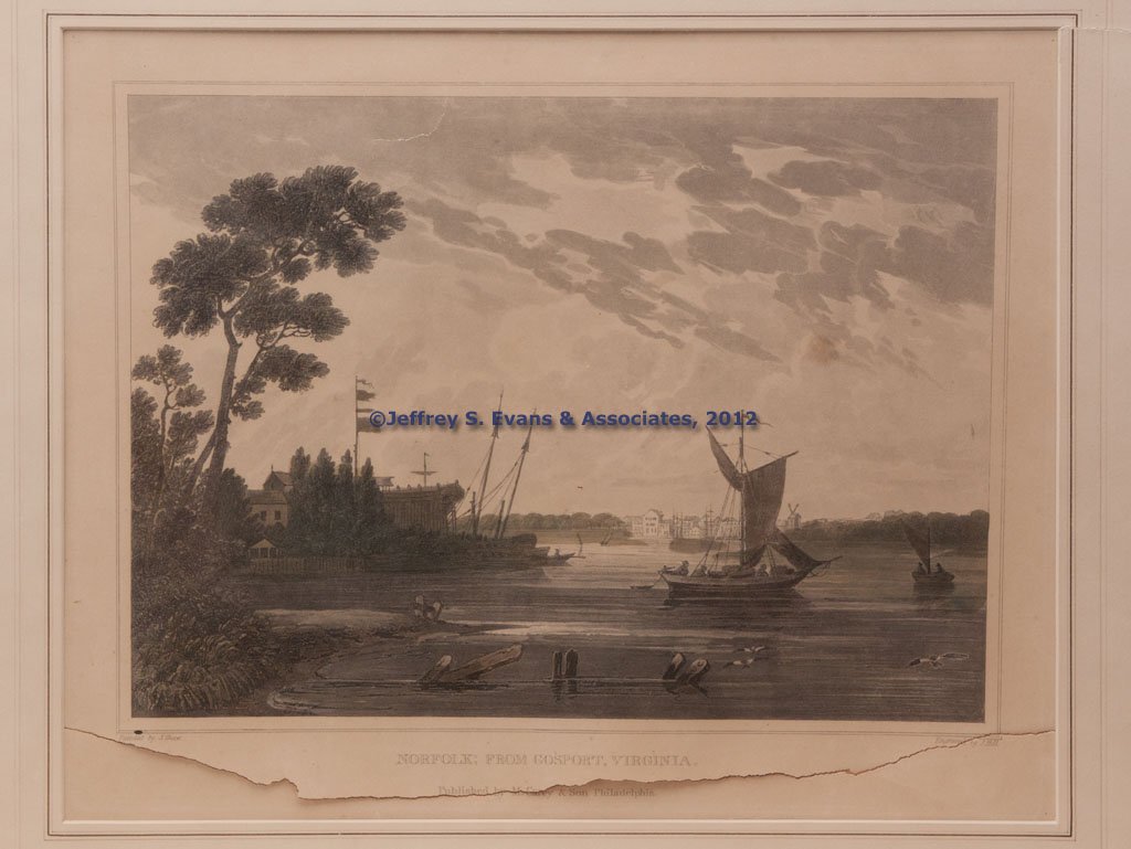 NORFOLK, VIRGINIA ENGRAVING: NORFOLK, VIRGINIA ENGRAVING, faded color, titled "Norfolk: From Gosport, Virginia", published by M. Carey & Son, Philadelphia, engraved by John Hill (1770-1850), after Joshua Shaw. Matted, not framed.