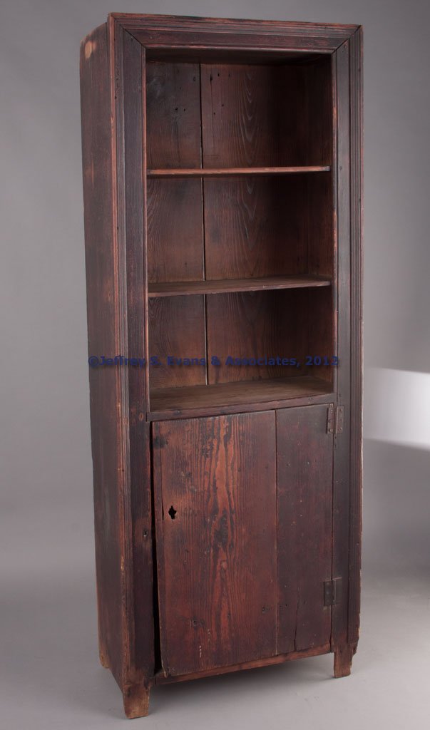 VIRGINIA PAINTED YELLOW PINE DIMINUTIVE OPEN WALL : VIRGINIA PAINTED YELLOW PINE DIMINUTIVE OPEN WALL CUPBOARD, two fixed shelves above a lower two-board plank door, applied picture-frame moldings on three sides, raised on simple cut-out feet. Old dry 
