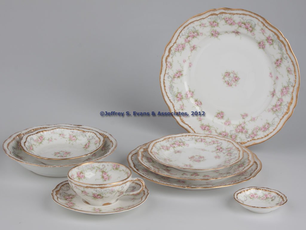 THEODORE HAVILAND LIMOGES, FRANCE PARTIAL DINNER S: THEODORE HAVILAND LIMOGES, FRANCE PARTIAL DINNER SERVICE, dainty pink floral pattern with gilt decoration, 58 pieces, comprising six 9 3/4" plates, ten 8 1/2" plates, nine 7 1/2" plates, four 6 1/8" p