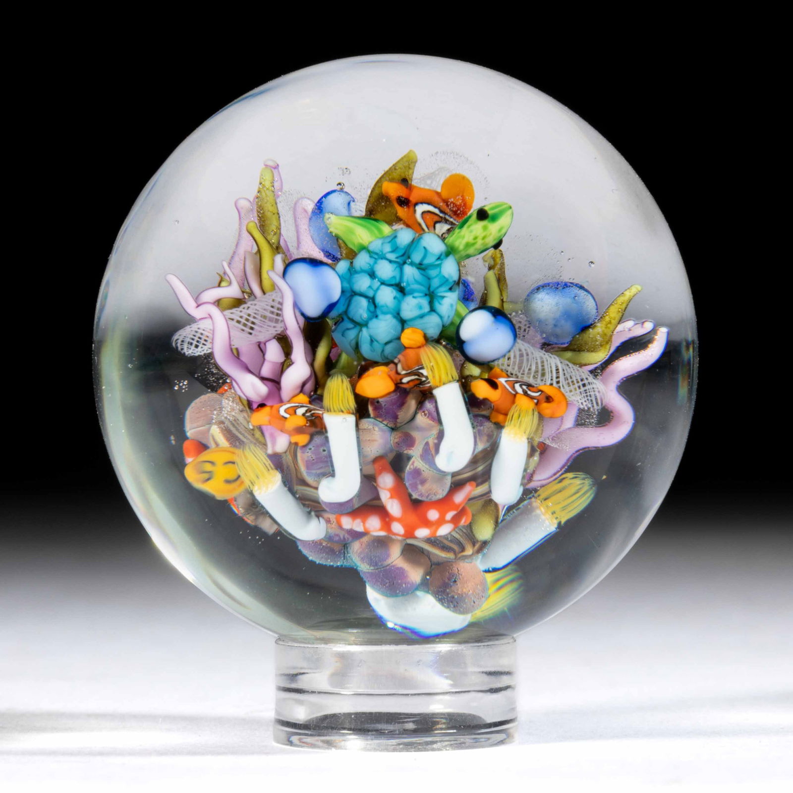 CLINTON SMITH (AMERICAN, B. 1979) SEASCAPE / AQUARIUM LAMPWORK COMPOUND STUDIO ART GLASS MARBLE: CLINTON SMITH (AMERICAN, B. 1979) SEASCAPE / AQUARIUM LAMPWORK COMPOUND STUDIO ART GLASS MARBLE, compound composition featuring a complex seascape including a green and blue sea turtle, many clown fis