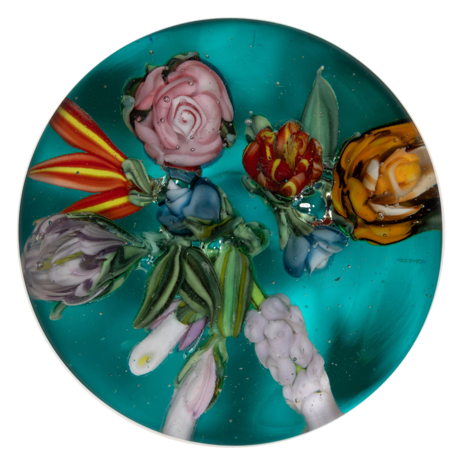 SHANNON SCOLLARD (CANADIAN, B. 1971) FLORAL BOUQUET LAMPWORK STUDIO ART GLASS PAPERWEIGHT SCULPTURE (1 of 2)