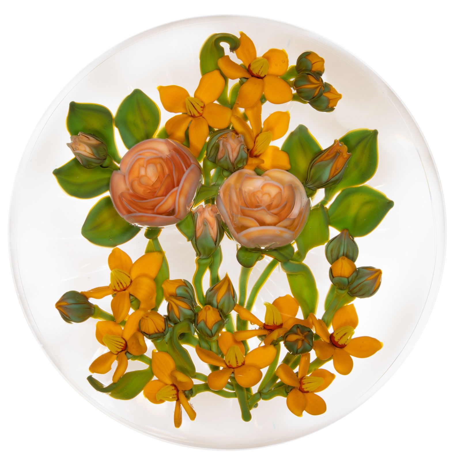 GORDON SMITH (AMERICAN, B. 1959) TWO-ROSE BOUQUET LAMPWORK STUDIO ART GLASS PAPERWEIGHT SCULPTURE: GORDON SMITH (AMERICAN, B. 1959) TWO-ROSE BOUQUET LAMPWORK STUDIO ART GLASS PAPERWEIGHT SCULPTURE, two central opal and peach mottled roses with four matching buds, lower and upper clusters of yellow