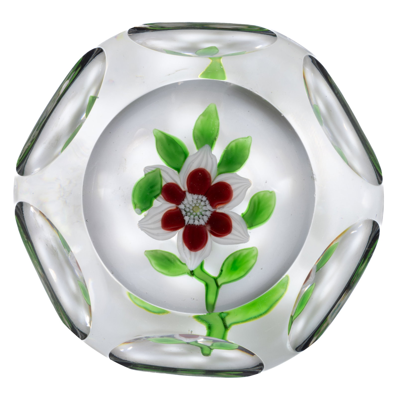 ANTIQUE BACCARAT DOUBLE CLEMATIS LAMPWORK ART GLASS PAPERWEIGHT: ANTIQUE BACCARAT DOUBLE CLEMATIS LAMPWORK ART GLASS PAPERWEIGHT, cut-faceted with a circular top window and six lower punty cuts, central 12-petal double clematis with the back petals being white and 