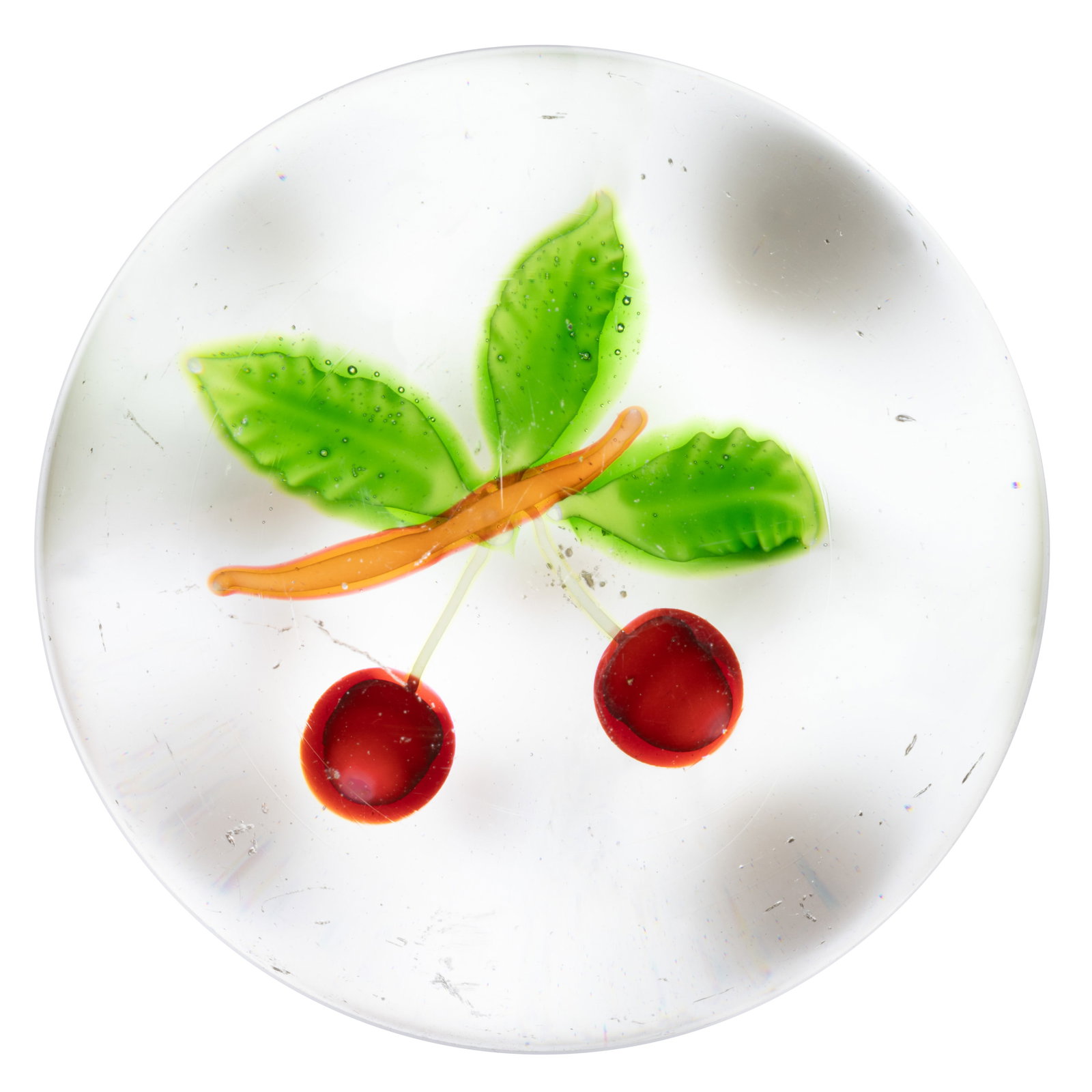 ANTIQUE SAINT-LOUIS CHERRIES LAMPWORK ART GLASS PAPERWEIGHT: ANTIQUE SAINT-LOUIS CHERRIES LAMPWORK ART GLASS PAPERWEIGHT, thin orange branch holding three green leaves, and two think pale green stems holding two red cherries, polished pontil mark. Cristall