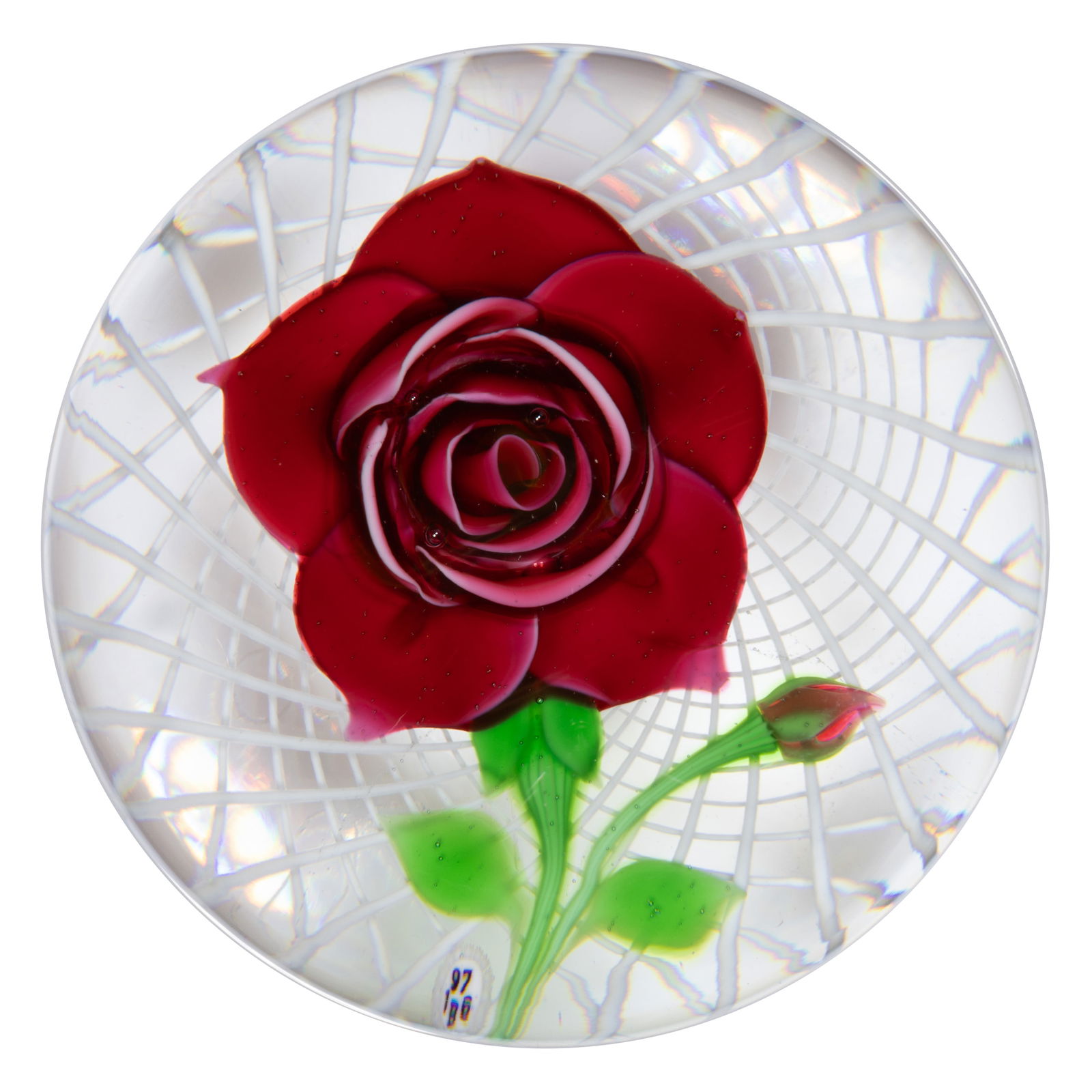 VINTAGE BACCARAT ROSE ON LATTICINIO ART LAMPWORK ART GLASS PAPERWEIGHT (1 of 2)