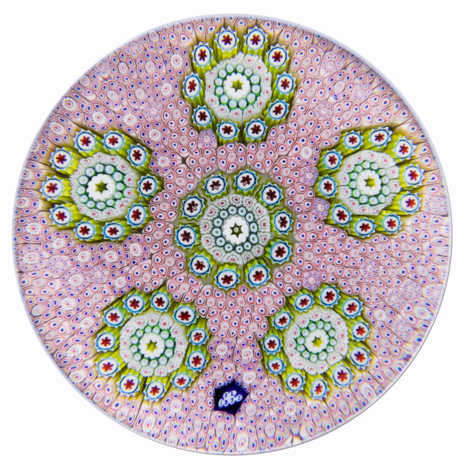 VINTAGE SAINT-LOUIS CONCENTRIC RONDEL CARPET GROUND MILLEFIORI ART GLASS PAPERWEIGHT: VINTAGE SAINT-LOUIS CONCENTRIC RONDEL CARPET GROUND MILLEFIORI ART GLASS PAPERWEIGHT, central millefiori medallion consisting of an interior white hollow star cane encircled three band of white and/or