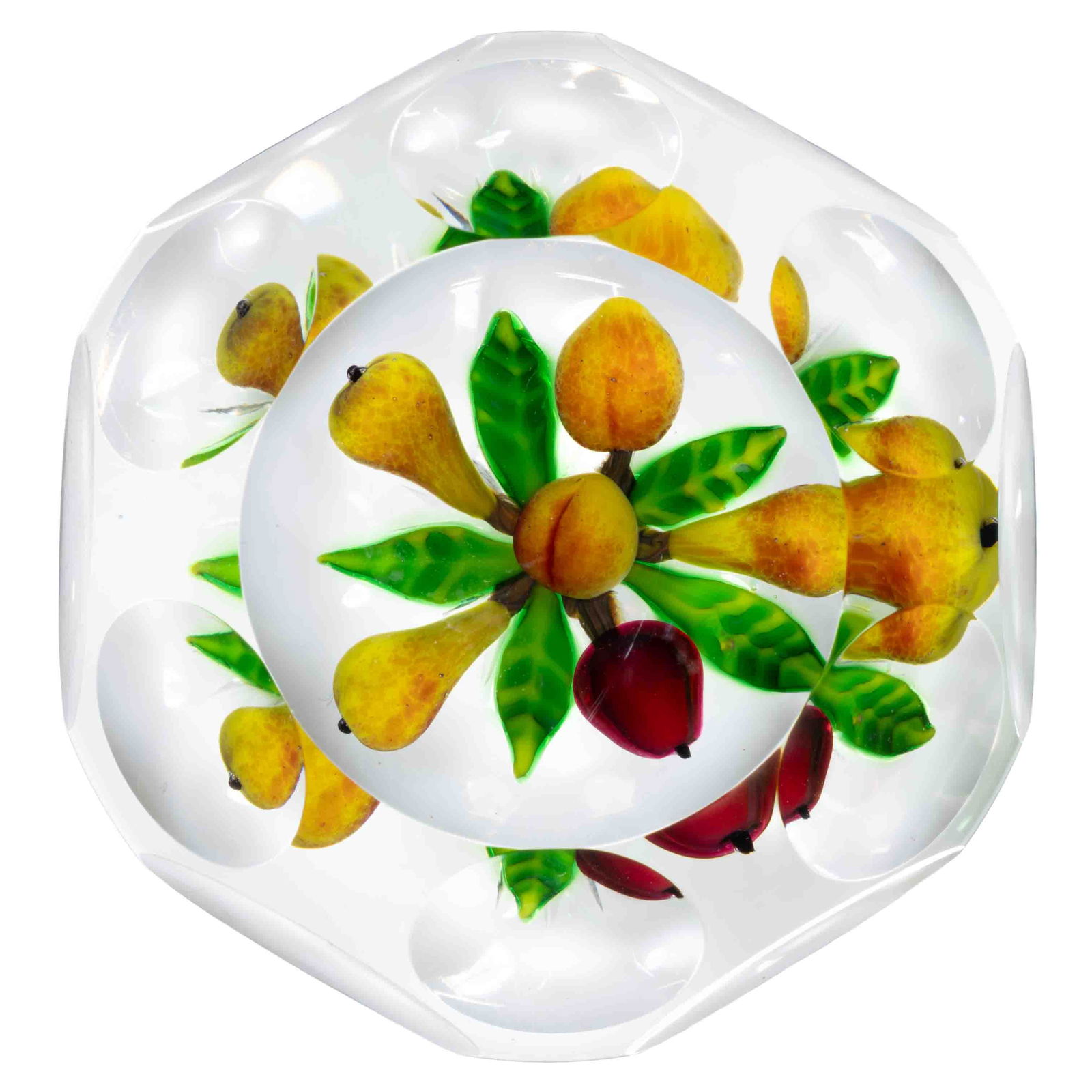 DELMO TARSITANO (AMERICAN 1921-1991) FRUIT BOUQUET STUDIO ART GLASS PAPERWEIGHT: DELMO TARSITANO (AMERICAN 1921-1991) FRUIT BOUQUET STUDIO ART GLASS PAPERWEIGHT, cut-faceted with a circular top window, three lower bands of six punty cuts, bouquet featuring three yellow and mottled