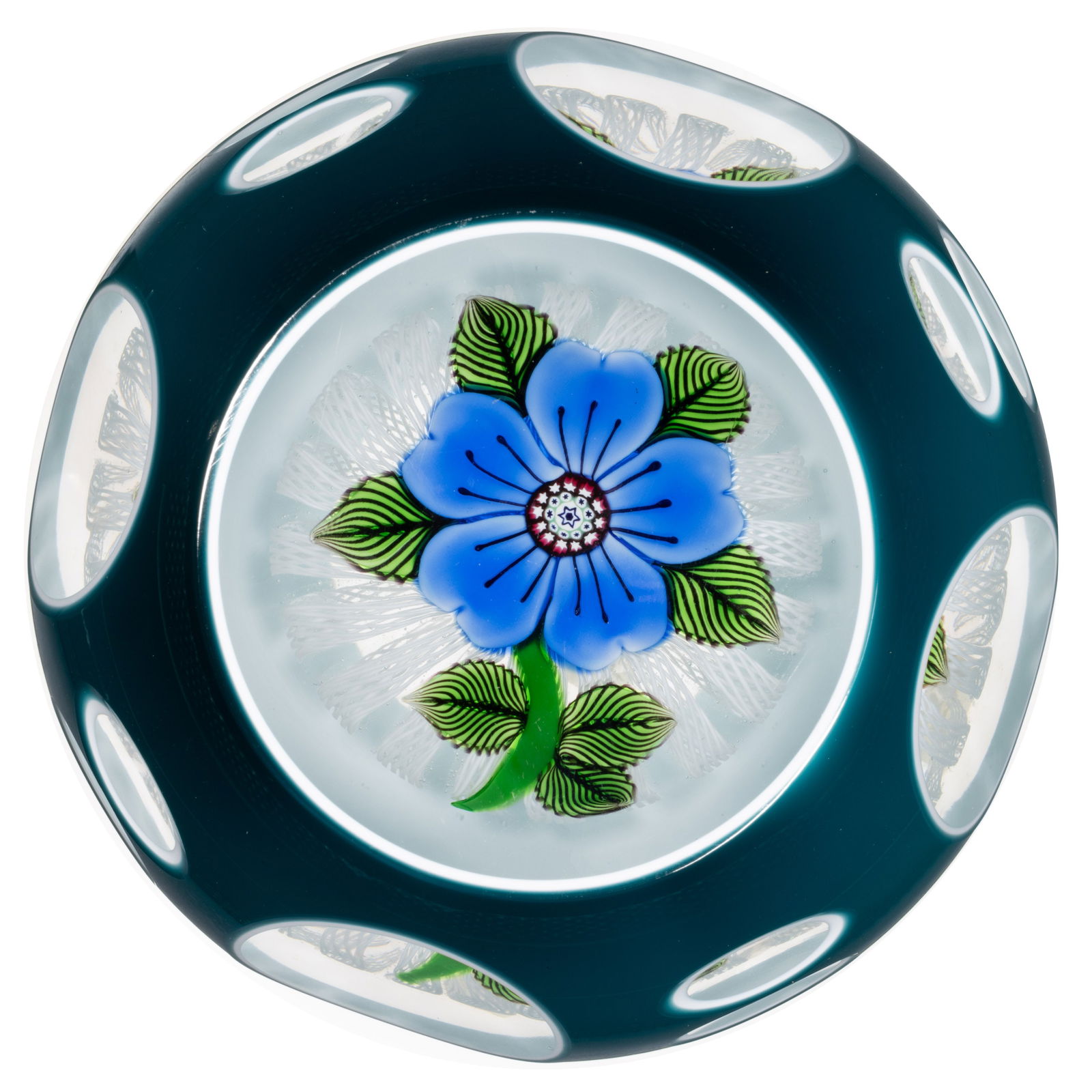 JOHN DEACONS (SCOTTISH, B. 1950) DOUBLE-OVERLAY SINGLE-FLOWER LAMPWORK STUDIO ART GLASS PAPERWEIGHT (1 of 2)