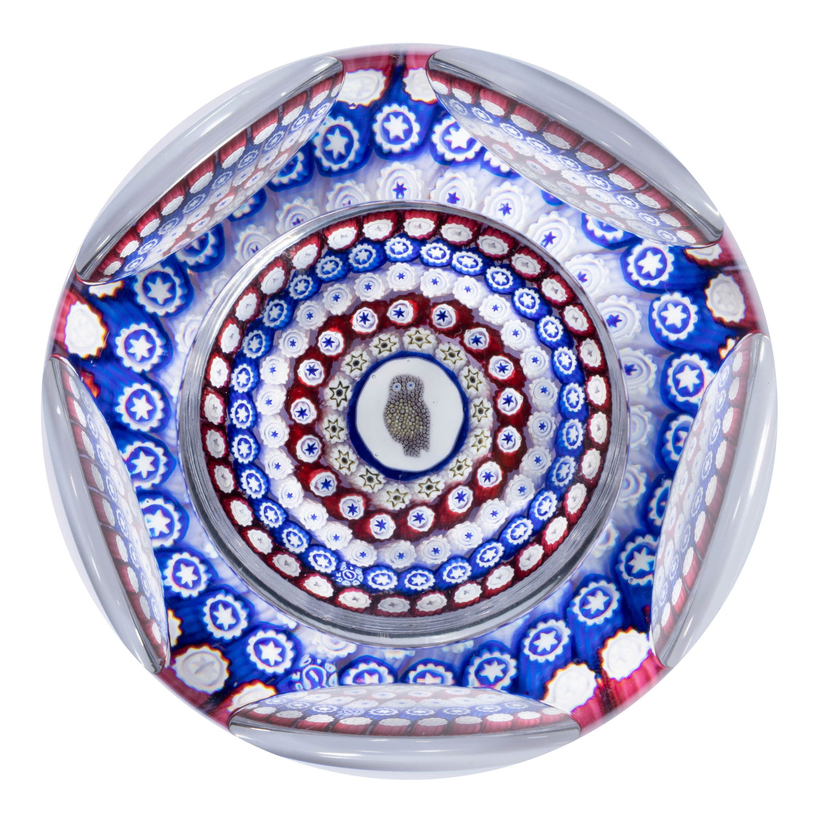 VINTAGE WHITEFRIARS OWLÂ MILLEFIORI PAPERWEIGHT,: VINTAGE WHITEFRIARS OWL MILLEFIORI PAPERWEIGHT, cut-faceted with a circular top window, central millefiori owl cane surrounded by rings of blue, red, and white star canes, and a 19