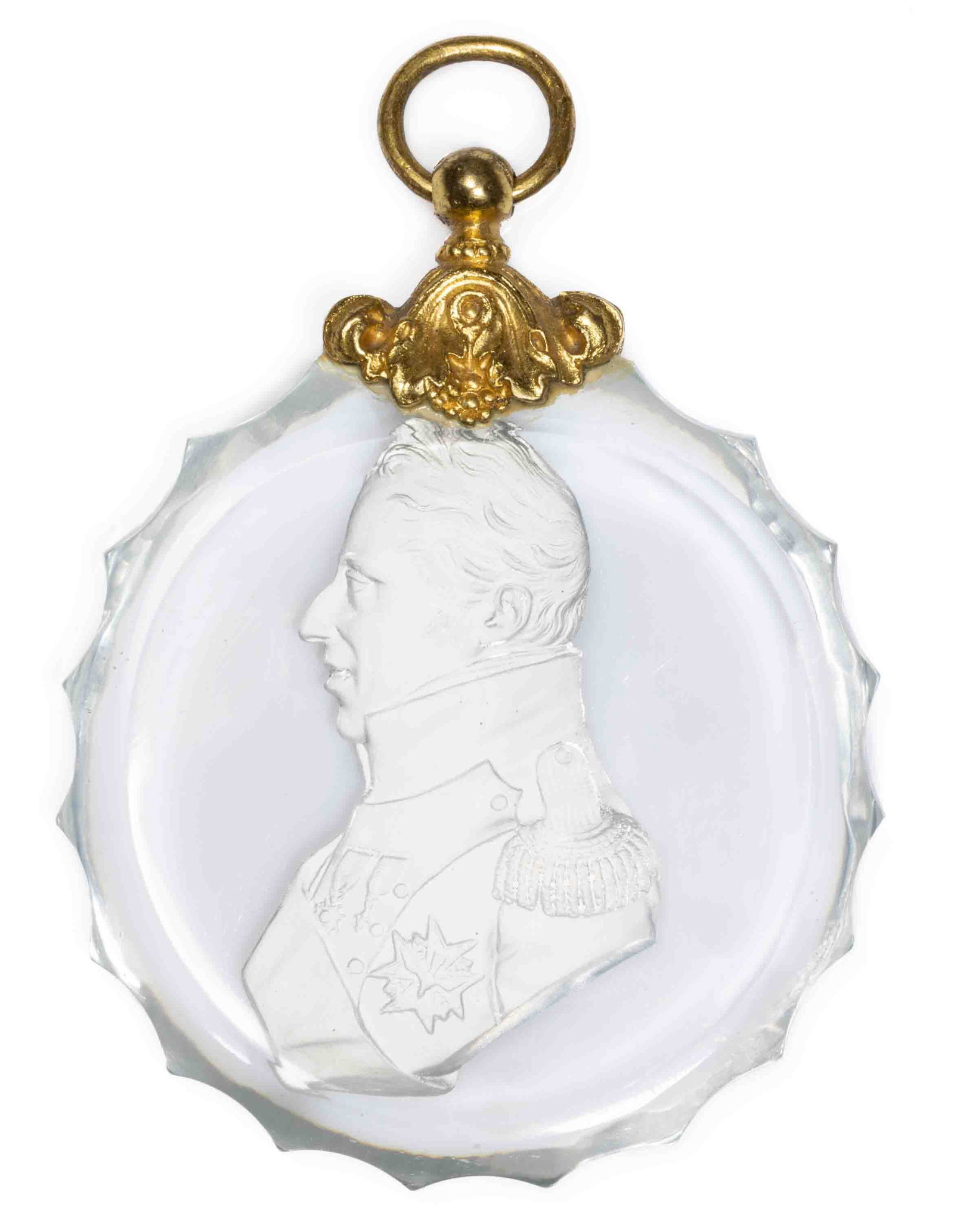 ANTIQUE CHARLES X SULPHIDE CUT GLASS PLAQUE: ANTIQUE CHARLES X SULPHIDE CUT GLASS PLAQUE, colorless, large central sulphide depicting Charles X in military uniform, no signature to the reverse or truncation, cut concave scallops to the edge, fit
