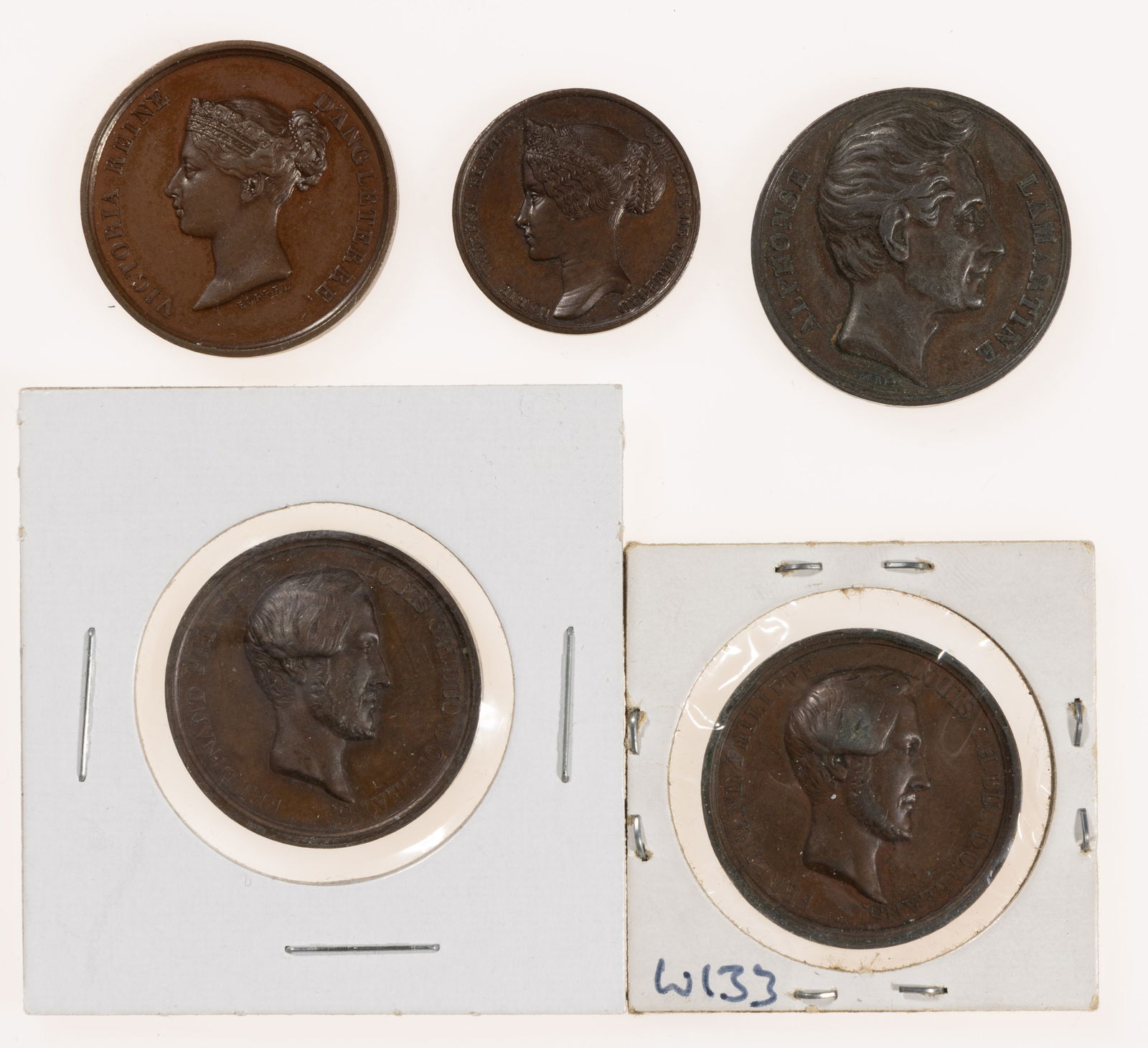 ASSORTED HISTORICAL FIGURES DIMINUTIVE BRONZE MEDALS, LOT OF FIVE (1 of 2)