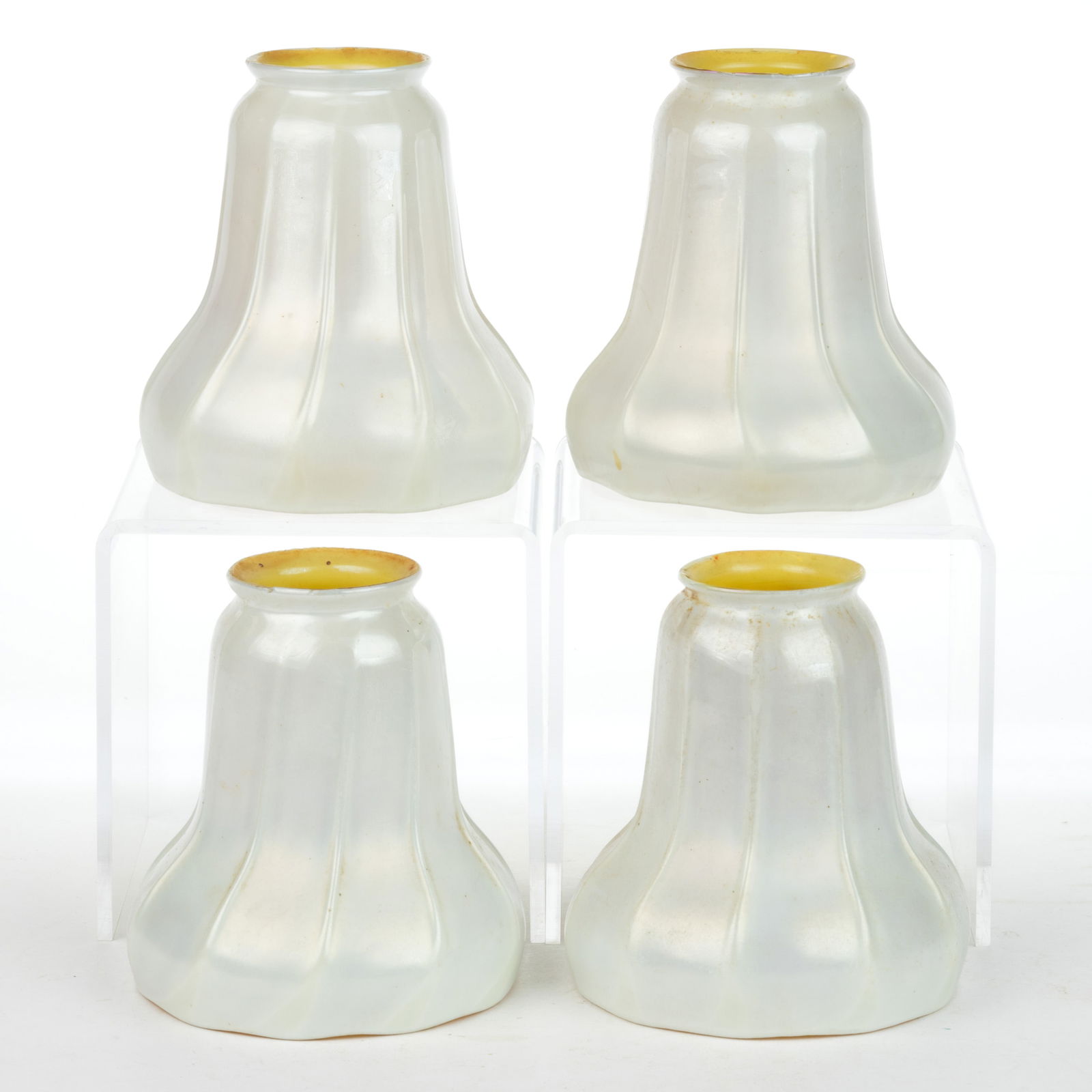 STEUBEN ATTRIBUTED GOLD CALCITE IRIDESCENT ART GLASS LAMP SHADES, LOT OF FOUR (1 of 1)